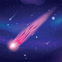 Comet falls with speed trail in the starry sky space. Asteroid or meteorite flying in night sky. Vector cartoon illustration © YG Studio