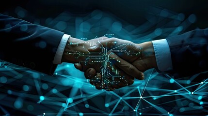 Business handshake with digital interface overlay