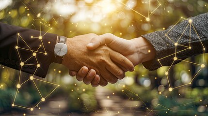 Business handshake with digital interface overlay