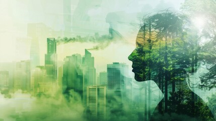 A person struggling to breathe in a heavily polluted city, contrasted with a person enjoying fresh air in a green, clean city.