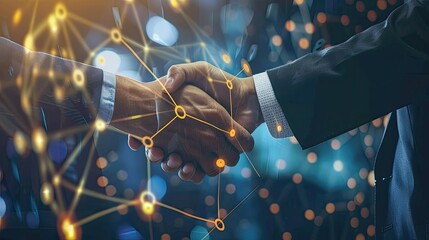 Business handshake with digital interface overlay