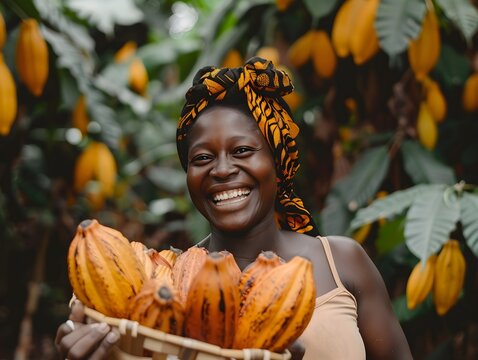 black woman smiling, collecting cocoa beans fresh in the forest, elephants in the background, label, chocolate business card, raw cocoa, Ivory Coast, Africa