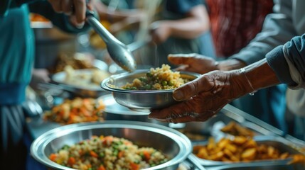 Volunteer hand serving meal to homeless people in shelter. Charity, donation, food distribution to poor people, food aid, food bank