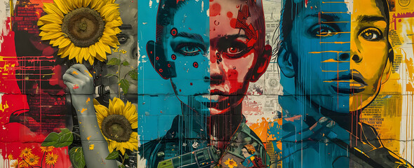 A colorful collage featuring iconic graffiti,  soldiers holding guns and children playing with...