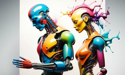 Two robots look at each other. Love and understanding concept
