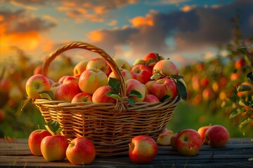 A basket of apples sits on top of a wooden table.