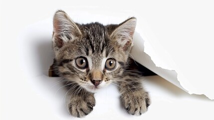 cute kitten sticking its head out of the hole in white paper