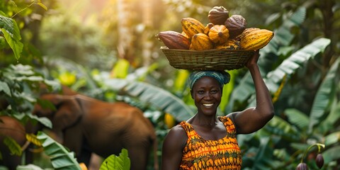 black woman smiling, collecting cocoa beans fresh in the forest, elephants in the background, label, chocolate business card, raw cocoa, Ivory Coast, Africa