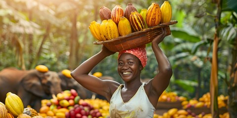 black woman smiling, collecting cocoa beans fresh in the forest, elephants in the background, label, chocolate business card, raw cocoa, Ivory Coast, Africa