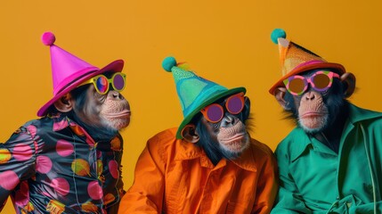 Creative animal concept. Group of monkey in funky Wacky wild mismatch colourful outfits isolated on bright background advertisement, copy space. birthday party invite invitation banner