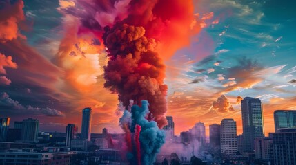 Colorful smoke rising above city skyline at sunset for futuristic or fantasy designs