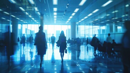Blurred businesspeople meeting or move in modern office building conference room, photograph cinematic blue and white tone.