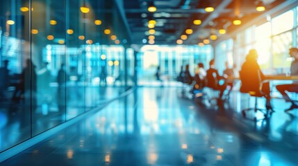 Blurred businesspeople meeting or move in modern office building conference room, photograph cinematic blue and white tone.