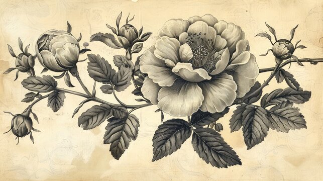 Nostalgic old engraving, delicate flowers immortalized in intricate detail, evoking the timeless beauty and craftsmanship of traditional engraving techniques, a vintage tribute to nature's elegance