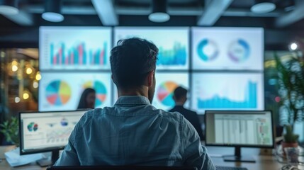 Fototapeta premium Explore financial analysts in a high-tech office, viewing real-time cryptocurrency transactions on multiple screens, highlighting blockchain's transformative impact on finance.