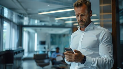 Confident businessman checking messages on his smartphone while standing in a sleek office setting 