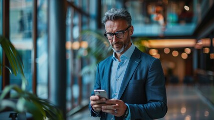 Confident businessman checking messages on his smartphone while standing in a sleek office setting 