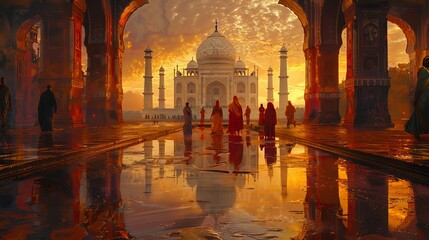 Fototapeta premium Vibrant celebration of Indian vibrancy and enlightenment at the Taj Mahal, rich colors and emotional depth