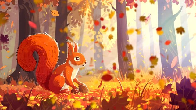Squirrel gathers nuts in autumn forest. Anime or digital painting style, looping 4k video animation background
