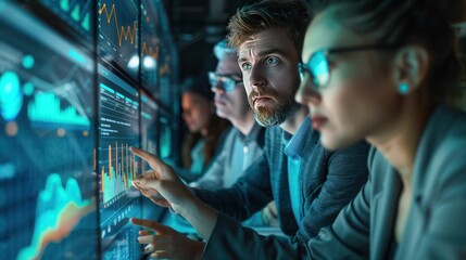 diverse group of professionals working together in an open-plan office, focusing on a digital screen with charts and graphs, teamwork and productivity concept