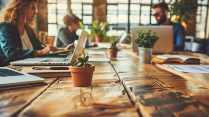 Group of diverse professionals in a modern conference room discussing business strategies during a...