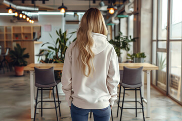 Mockup. Young woman wearing blank basic plain hoodie standing in modern office, co-working space. Mock up template for hoodie design, print area for logo or design