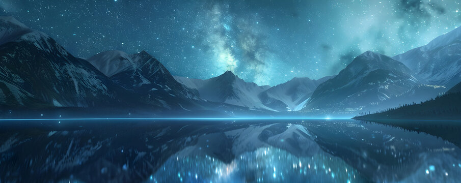 Spectacular nature background of beautiful mountain and lake in starry night with shimmering light, digital art 3d illustration of panoramic mountain view with stars reflect in lake water.