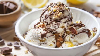 ice cream with nuts on top chocolate, lemon 