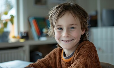 A smiling child boy is interested in studying math