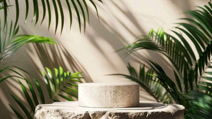 A stone podium sits among lush green palm leaves, casting shadows under bright afternoon light, showcasing a natural product