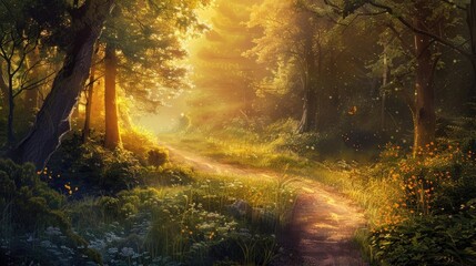 A winding path leading through a dense forest bathed in golden sunlight, inviting introspection and...