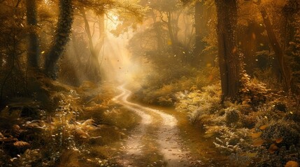 A winding path leading through a dense forest bathed in golden sunlight, inviting introspection and...