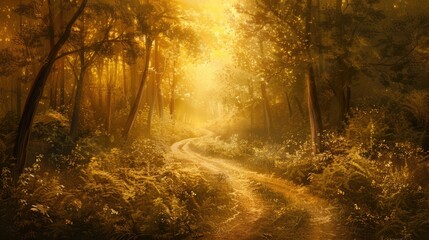 A winding path leading through a dense forest bathed in golden sunlight, inviting introspection and connection with nature.