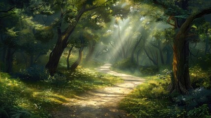 A winding path leading through a dense forest with sunlight streaming through the canopy, inviting...