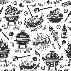 BBQ Time. Seamless Food Pattern of Portable Charcoal Grill and Barbecue Meat and Vegetable. Meat Kebab or Shashlik and Barbeque Vegetable Skewer. Hand drawing. Vector  illustration