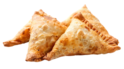  An assortment of potato, chicken, and lamb samosas, each with its unique flaky crust and filling visible, arranged harmoniously on a bright, transparent background