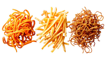  An assortment of shoestring fries, curly fries, and sweet potato fries arranged in elegant piles, transparent background