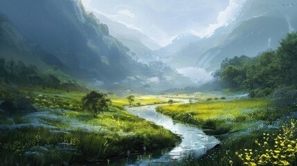 A winding river flowing gently through a serene landscape, mirroring the peaceful flow of thoughts within the mind.