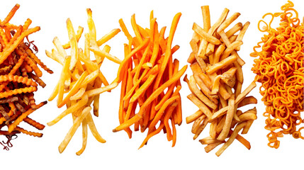  An assortment of shoestring fries, curly fries, and sweet potato fries arranged in elegant piles, transparent background