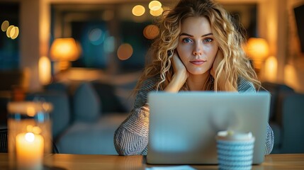 Businesswoman working late at office desk with laptop