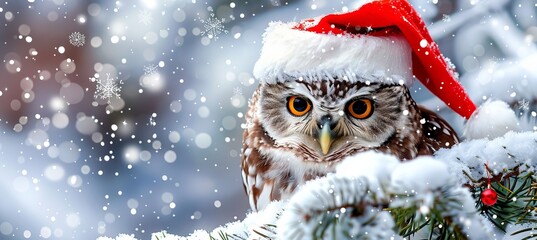 Christmas owl in santa hat on holiday background for ads and postcards with text space