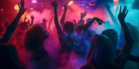 Group of people dancing in the dark, underground club party, hands raised and smiling, dance to music with colorful lights illuminating their silhouettes against smoke