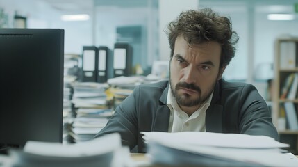 Naklejka premium Man with burnout, close-up of the individual's tired expression, showing stress and fatigue, evident from their focus on a computer screen surrounded by piles of documents