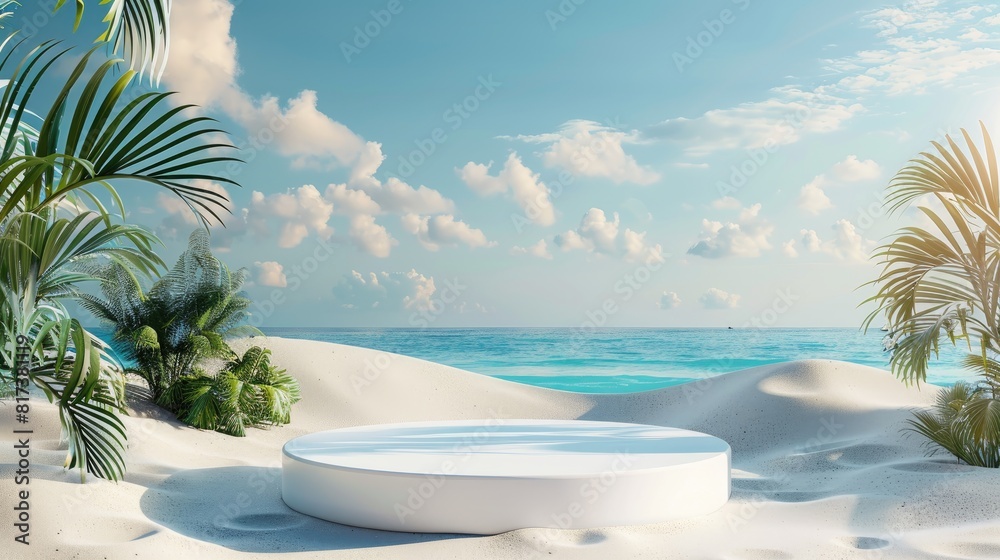 Wall mural A white sand beach with palm trees and a clear blue ocean. The beach is empty and the sky is cloudy