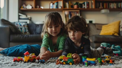 Fototapeta premium couple of children playing with toys in their room at home during the day