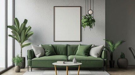 empty poster frame on beige wall, Mockup poster in the living room, 3d render, 3d illustration