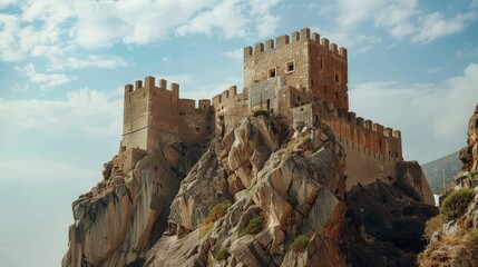 An ancient fortress perched atop a rocky cliff, its weathered walls and imposing battlements...