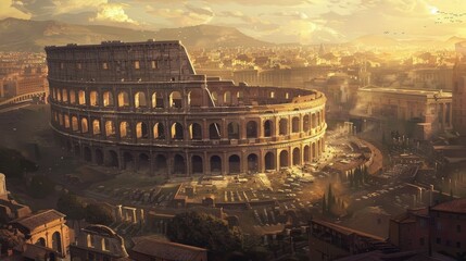 An ancient Roman amphitheater nestled in the heart of a bustling city, its weathered stone arches...