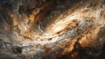 An awe-inspiring depiction of a galaxy collision, with swirling clouds of gas and dust creating a mesmerizing display of cosmic chaos.