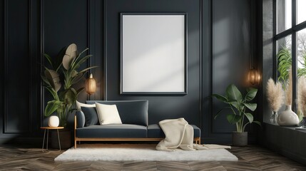 Minimal wooden picture poster frame mockup, Blank horizontal poster frame mock up, beige sofa and pampas grass, 3d rendering, 3d rendering. A4, A3 format
